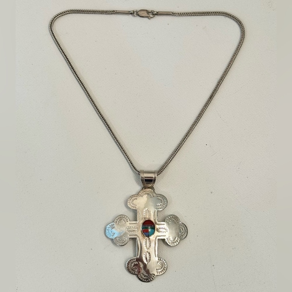 Vintage Sterling Silver Mexico Inlay Cross Necklace - Picture 3 of 3